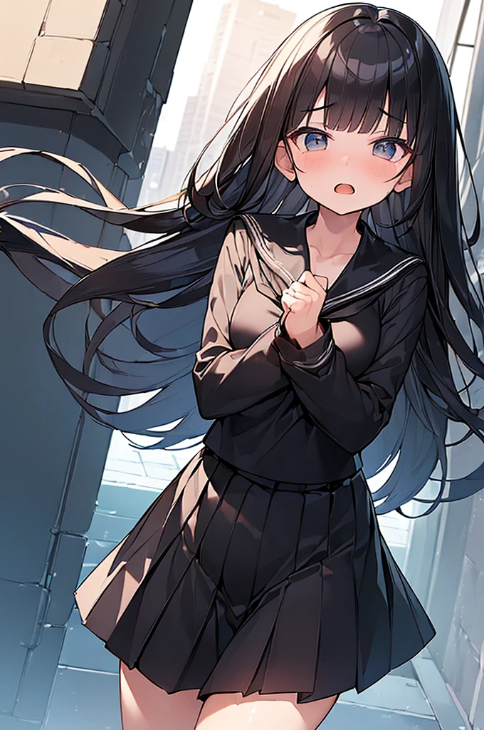 (Masterpiece, Top quality:1.5), nsfw, (dynamic angle:1.2), (1 beautiful girl, solo:1.2), (big eyes:1.3), (black sailor suit, black pleated skirt:1.2),  (black hair:1.3), long Hair, straight Hair, asymmetry bangs, swept bangs, , shy:1.3, blush:1.2, beautiful scene of street, dynamic pose, open mouth