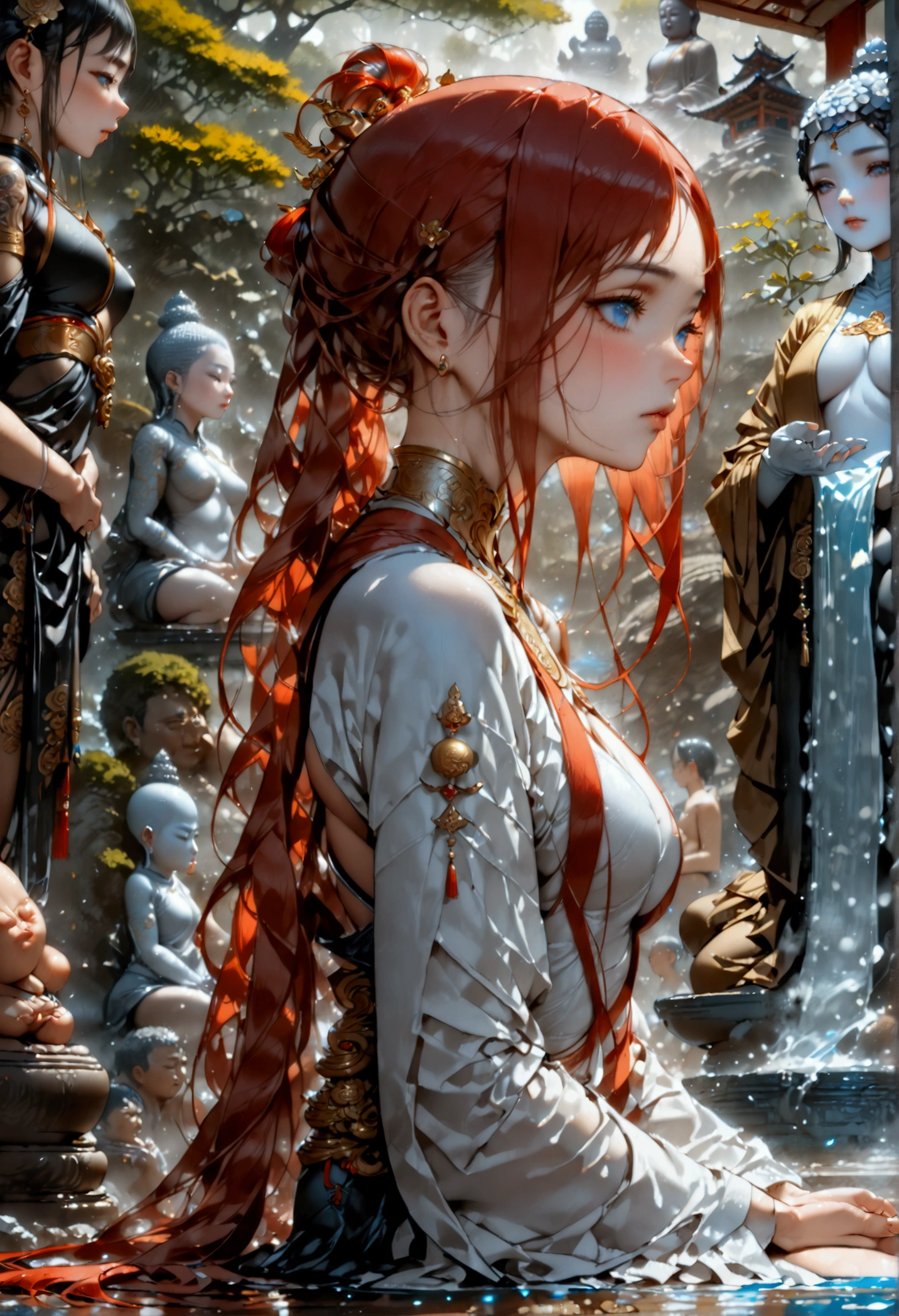 Arafed, fantasy art, a picture of  a female monk meditating at the base of a Buddha statue, there is a human woman monk wearing monk garbs, meditating near a (Buddha statue: 1.5), red hair, long hair, full body (best details, Masterpiece, best quality :1.5), ultra detailed face (best details, Masterpiece, best quality :1.5), ultra feminine (best details, Masterpiece, best quality :1.5), exquisite beautiful (best details, Masterpiece, best quality :1.5) red hair, long hair, wavy hair, pale skin, blue eyes, intense eyes, An epic sized Buddha statue, waterfall at forest background,  multi level water falls, several pools created in different levels, forming new waterfalls, water cascading into a pool, fantasy art, photorealistic, D&D art, ultra best realistic, best details, best quality, 16k, [ultra detailed], masterpiece, best quality, (extremely detailed), ultra wide shot, photorealism, depth of field
