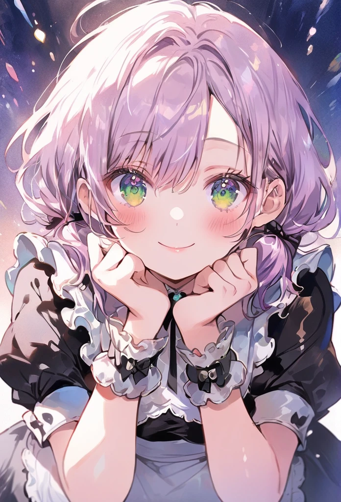 ((best quality, high resolution)), (delicate illustration), (vividcolor style illustration:0.9), (watercolor style illustration:0.4), ((beautiful:1.3)), 4k,
(((1 beautiful woman))), small breasts:0.7, dark green eyes, (blush), ((Black maid outfit, white knee-high socks,)), low-twintails Hair, pale purple hair,She puts her hands on her cheeks and her eyes light up, Shiny Smile(((portrait shot:1.3))), ((glance upward at viewer)), cowboy shot,