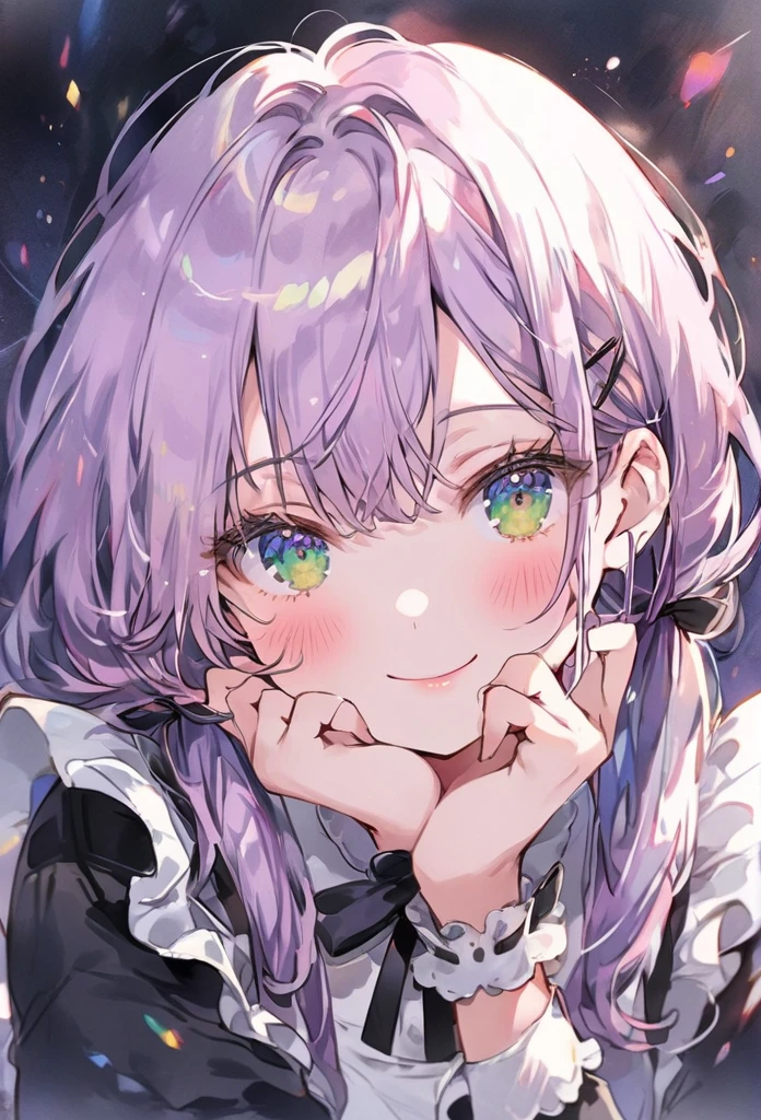 ((best quality, high resolution)), (delicate illustration), (vividcolor style illustration:0.9), (watercolor style illustration:0.4), ((beautiful:1.3)), 4k,
(((1 beautiful woman))), small breasts:0.7, dark green eyes, (blush), ((Black maid outfit, white knee-high socks,)), low-twintails Hair, pale purple hair,She puts her hands on her cheeks and her eyes light up, Shiny Smile(((portrait shot:1.3))), ((glance upward at viewer)), cowboy shot,