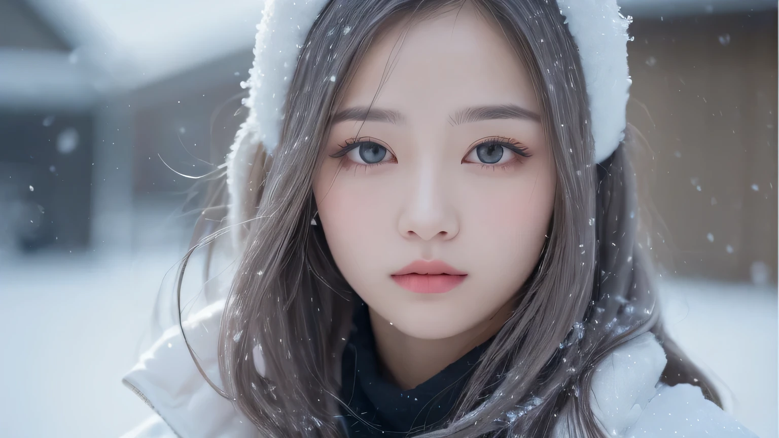 One person,(snow,ice),Snow Flower,In winter,Gray Hair,Shiny Hair,Wavy Hair,Hair scrunchie color,masterpiece,telescope lens,Absurd,Exquisite facial features,吹snow、Draw the ears in detail、hand、Don't draw arms,smile