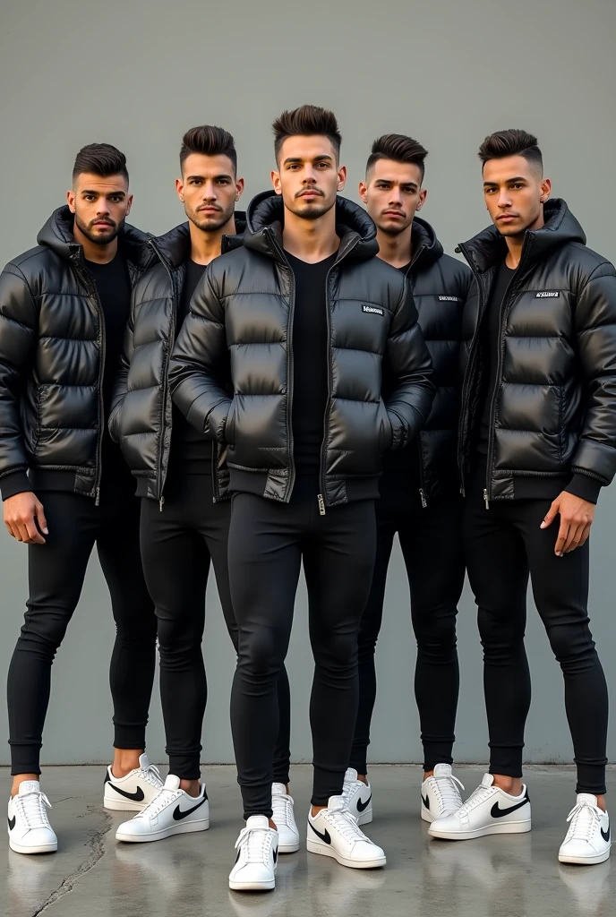 Full size, full body, group of hunks in skinny shiny black rubber shirt with chav haircut and black shiny puffer jacket, cuffed skinny pants, white Nike sneaker
