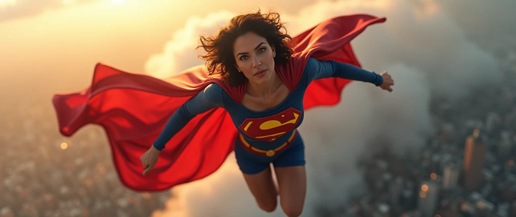 (((very beautiful old Supergirl (((1980s Superman costume))) Julie Hagerty(((dark-haired, large-breasted woman in her 50s)))) Super woman Julie Hagerty; , floating high above the city, sunlight streaming through the clouds, dramatic pose, cinematic lighting, colorful cityscape below, gritty urban environment, intricate details, hyper-realistic, 8k, cinematic, dramatic, grandiose, superhero, flying, cape flowing, muscular, confident, powerful, determined expression, glowing eyes, lens flare, volumetric lighting, cinematic camera angle, dramatic shadows and highlights, photorealistic, vibrant colors, highly detailed, masterpiece