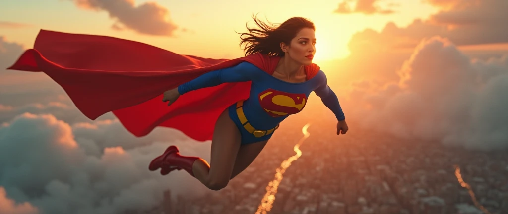 (((very beautiful old Supergirl (((1980s Superman costume))) Julie Hagerty(((dark-haired, large-breasted woman in her 50s)))) Super woman Julie Hagerty; , floating high above the city, sunlight streaming through the clouds, dramatic pose, cinematic lighting, colorful cityscape below, gritty urban environment, intricate details, hyper-realistic, 8k, cinematic, dramatic, grandiose, superhero, flying, cape flowing, muscular, confident, powerful, determined expression, glowing eyes, lens flare, volumetric lighting, cinematic camera angle, dramatic shadows and highlights, photorealistic, vibrant colors, highly detailed, masterpiece