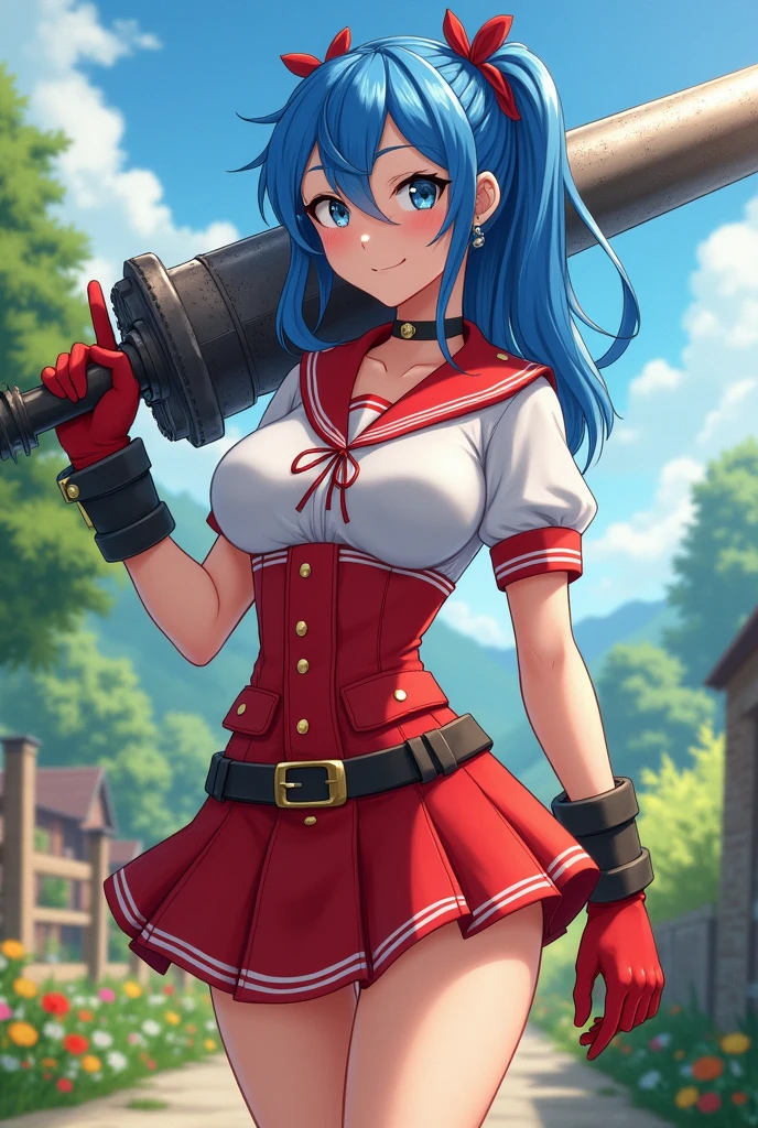 Beautiful girl woman blue hair holding a full hole saw wearing over duct showing red and white schoolgirl outfit soldier boot glove big smile voluminous breasts simple neckline slender body countryside landscape with flowers