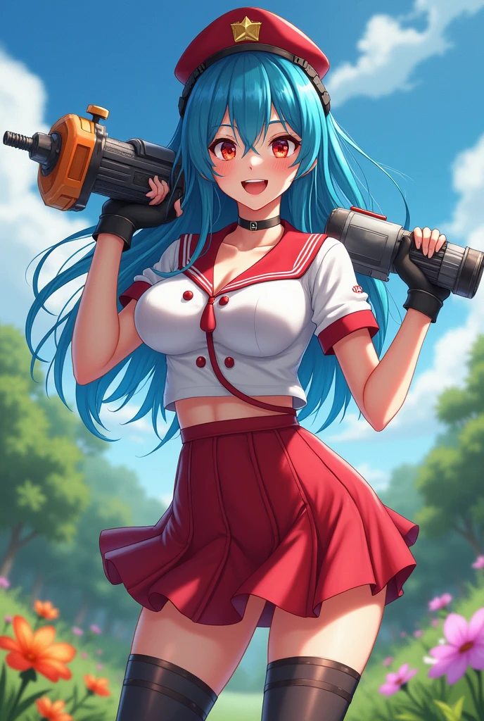 Beautiful girl woman blue hair holding a full hole saw wearing over duct showing red and white schoolgirl outfit soldier boot glove big smile voluminous breasts simple neckline slender body countryside landscape with flowers