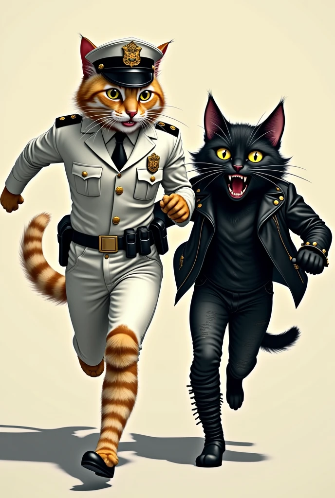 A yellow and gray stylish and decent cat dressed in white police uniform chasing a horrified black cat dressed in black jacket with studs and black tattered jeans