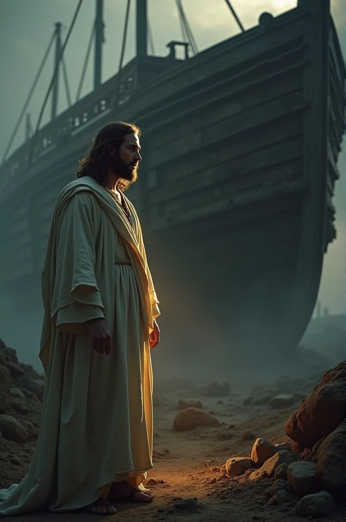 JESUS CHRIST near dark photo of Noah's ark: realistic epic, Soft cinematic portrait, Adobe Lightroom, photo laboratory, highy detailed, missing, art by Greg Rutkowski and Artgerm, Neutral Colors: 1.2), (HDR: 1.4), (subdued colors:1.2), hyperdetailed, (art station:1.4), cinematic, warm lights, Dramatic light, (details Intricate:1.1), complex background, (rutkowski:0.66), (blue and orange:0.4). 1 men