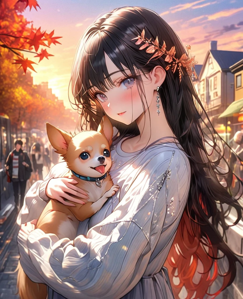 8k,Ephemeral beauty，Very delicate and beautiful,Beautiful and realistic skin,,Black Hair、Long and colorful hair,Beautiful Eyes,good,Beautiful sunset、dog(Chihuahua)hug、dogクリーム色、dogと散歩、Casual clothing、autumn、city、I&#39;Don&#39;t wear hair clips
