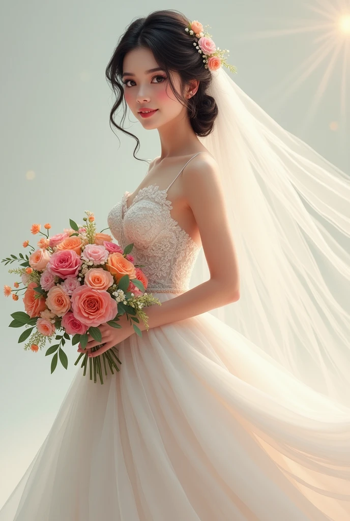 Brunette woman with curly black hair and a wedding dress with a bouquet in her hands kali uchis