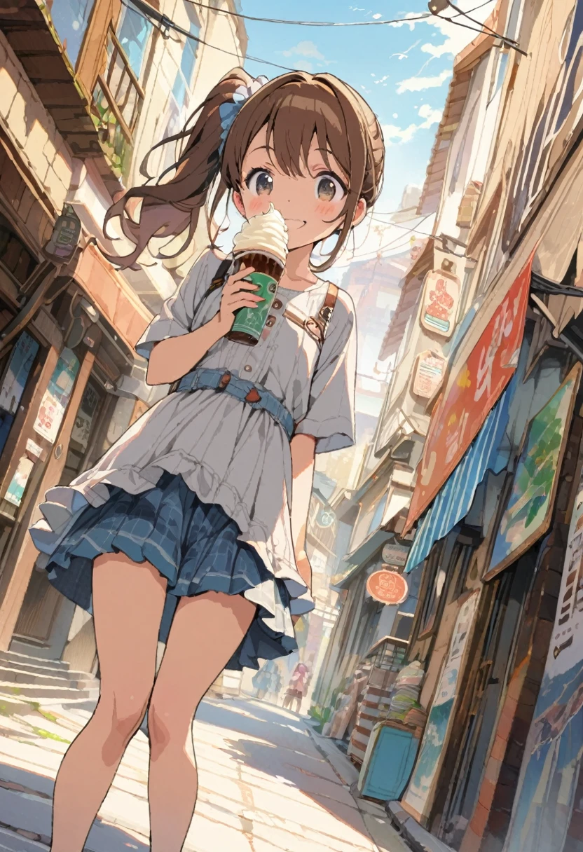 1girl,10yo,brown hair,black eyes, (red round eyewear), side ponytail,smile, blushful, BREAK anime style, super fine illustration, highly detailed, dynamic angle, beautiful detailed, 8k, On a summer afternoon under the blazing sun in a city street, BREAK a woman is enjoying a cold gelato. BREAK Her skin shimmers in the sunlight, making her stand out in the vibrant and joyful scene. BREAK ((best quality, high resolution)), (delicate illustration), (pastelcolor style illustration:0.4), (watercolor style illustration:0.4), ((beautiful:1.3)), (tegaki),(anime key visual),4k,Perfect Anatomy,