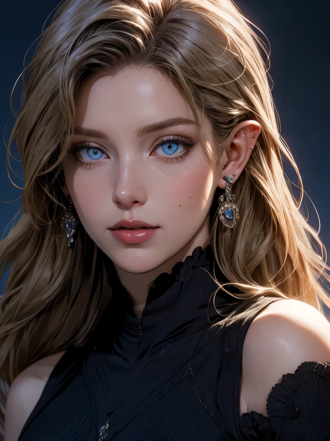  beautiful blond elven woman in her 30s, with blue eyes and striking features, exuding maturity and allure in a seductive pose.(dark-blue background), pointy ears, glowing eyes, beauty, blond medium hair, an14