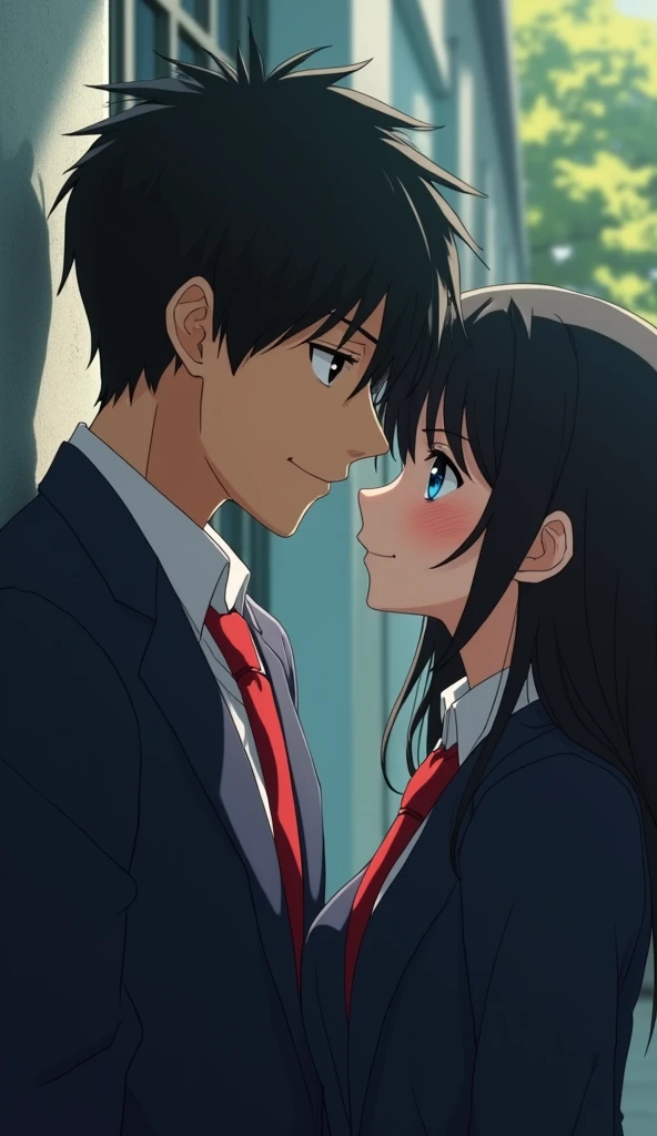 (32K:1.9, Realistic:1.9, Highest quality, masterpiece, Ultra-high resolution), Perfect dynamic composition, Highly detailed skin and facial textures:1.3, Detailed eyes, Detailed limbs, (Cute sexy slim Japanese schoolgirl, A tall and slim Japanese high school boy), Fair skin, ((Clarity:1.1)), (Both boys and girls wear blazers with red ties.:1.3), (A high school boy does a kabedon to a high school girl:1.0), (Cunning Smile:0.9, Totally captivates you:0.9), (beautiful Blue Eyes, beautiful, Clear Eyes:0.8), Sexy Face:0.4, blush:1.1, (beautifulエロティシズムを醸し出す味わい:0.8), Professional random camera work, Cinematic Lighting Effects, ((Full Body Shot)), ((Too erotic:0.9)) , romantic, mysterious, Object of admiration, original, dramatic, artistic, Innovative, charm, Heartful, Fancy, Tilt, sense of loss, special, exciting, Extreme, sense of openness, joy, joyの表現, ((若さのcharm, 女性的なcharm))