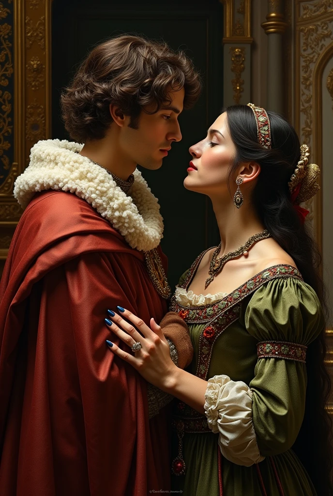 I need you to make me an image from the 1490s about the son of a king and a slave looking at each other with love.