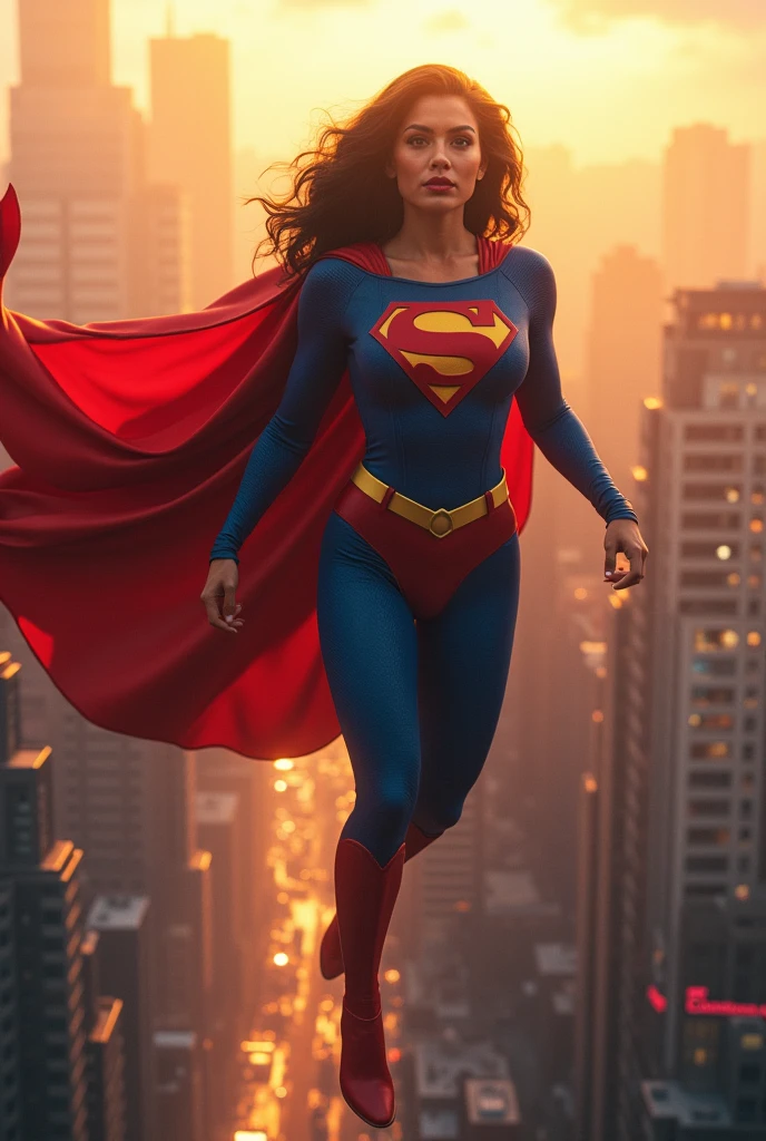 (((very beautiful old Supergirl (((1980s Superman costume))) Julie Hagerty(((dark-haired, large-breasted woman in her 50s)))) Super woman Julie Hagerty; , floating high above the city, sunlight streaming through the clouds, dramatic pose, cinematic lighting, colorful cityscape below, gritty urban environment, intricate details, hyper-realistic, 8k, cinematic, dramatic, grandiose, superhero, flying, cape flowing, muscular, confident, powerful, determined expression, glowing eyes, lens flare, volumetric lighting, cinematic camera angle, dramatic shadows and highlights, photorealistic, vibrant colors, highly detailed, masterpiece