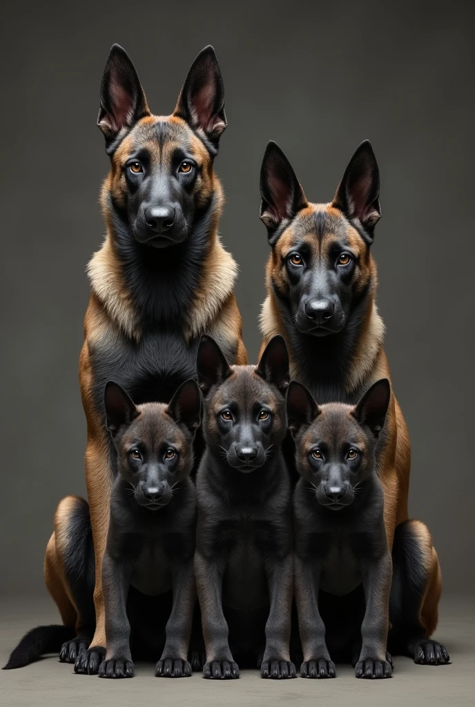 father gray Belgian malinois and pawn sable mother Belgian malinois with black foot and 2 dark gray big angry puppy