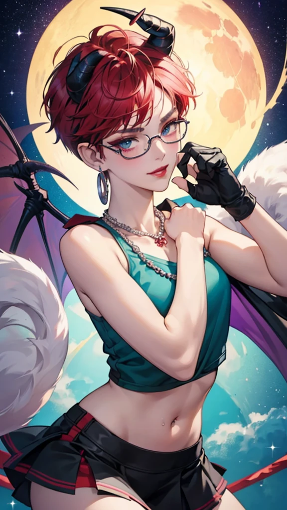 8k, masterpiece, best quality, highly detailed, 1 girl, tiefling, warlock, pixie cut, multicolored hair, very short straight hair red highlight hair on white hair, strippled hair, wearing glasses, round glasses, earrings, navel piercing, red eyeshadow, long eyelashes, blushed cheek, red lips, pearl necklace, rings, collarbone, mole on face, glamorous, teal and purple clothes, sleeveless, miniskirt, smirk, close up view, rings, looking at viewer, demon horns, solo, starry sky, pale blue moon, standing, boxing stance, demonic arms, chains on the background, black transparent laced gloves.