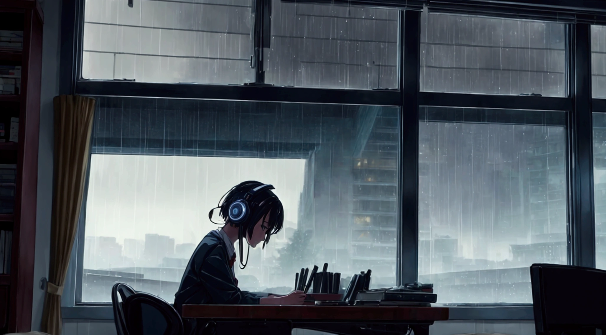 A magical scene, a young woman wearing headphones at a study table on a rainy night, raindrops run down the windows, captured by Mokoto Shinkai, Soft color palette that enhances the atmosphere, lofi musician adding a unique sonic layer, atmosphere of serenity and conviviality (best qualityer), (8k resolution), (ultra-highres)