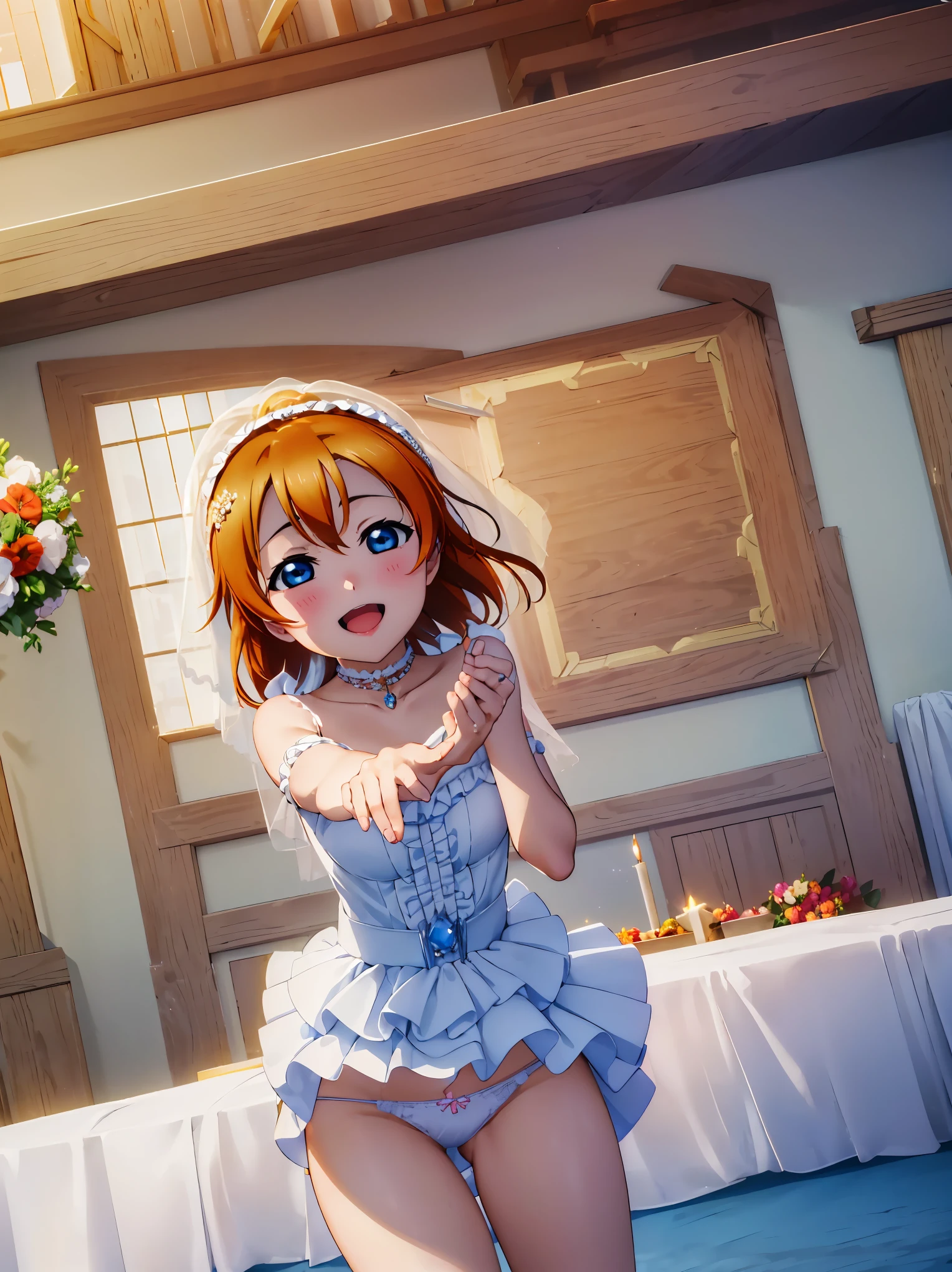 Highest quality, masterpiece, High resolution, alone, {Honoka Takasaka lovelive:1.15}, blue eyes, Orange Hair,short hair , smile, Open your mouth,(Wedding dress)(,Veil),bouquet, break looking at viewer, whole body,(Cowboy Shot:1. 5), break indoors, Chapel,church, break (masterpiece:1.2), Highest quality, High resolution, unity 8k wallpaper, (shape:0.8), (Beautiful attention to detail:1.6), Highly detailed face, Perfect lighting, Highly detailed CG, (Perfect hands, Perfect Anatomy),:is, A little embarrassed face, (Ultra low angle), (With legs apart), (skirt flipped up: 1.0),(vibrant skirt: 1.0), (detailed panties 1.3), (cotton white panties: 1.3), (Frilled Panties: 1.3), (Focus on face and panties),