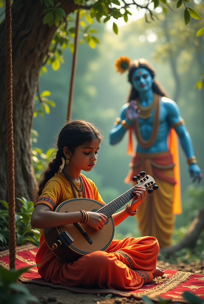 Girl singing bhajan in front of lord krishna on the joola  by playing tanpura instrument very closely