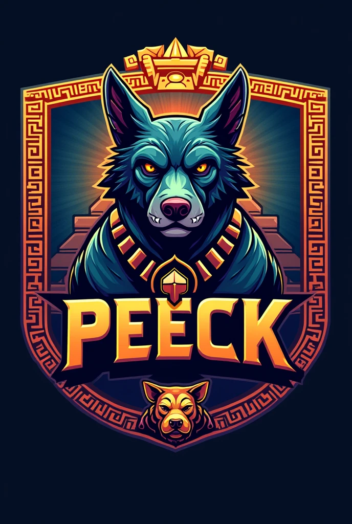 mayan style dog logo, for a sports team named Peeck that has striking colors but the dog looks imposing and that everything is surrounded by a border in the shape of a Mayan shield that has the name Peek with striking words that the border has more Aztec details that has the dog glyph that has more details of Mayan structures in the background and on the shield that has more vibrant colors that the dog has a collar with an ornament of two rings crossed between them.