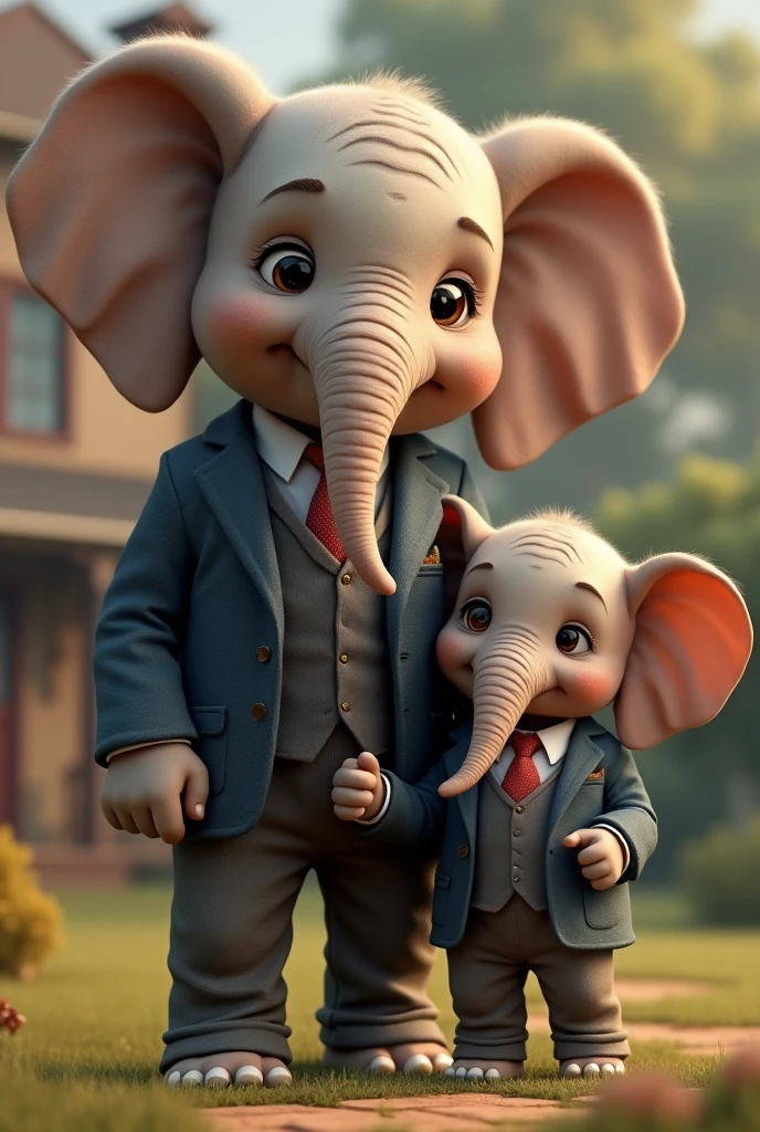 Adult dad elephant and baby gray elephant both in suit house in background