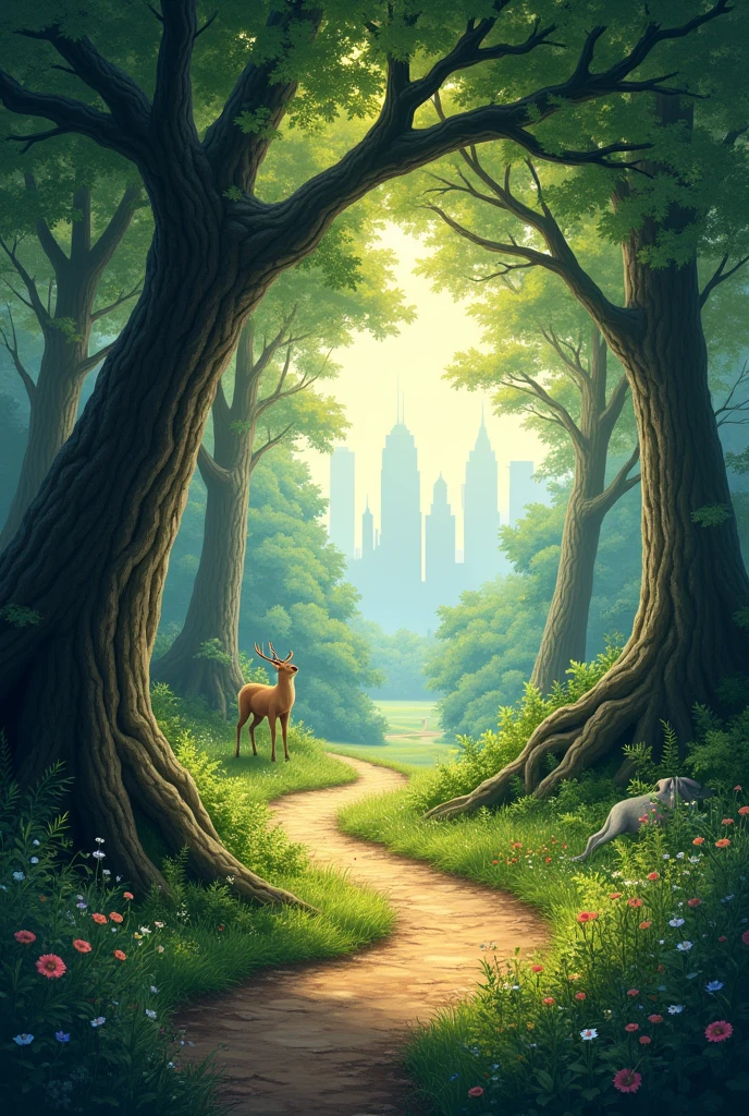 A path in forest to the city 