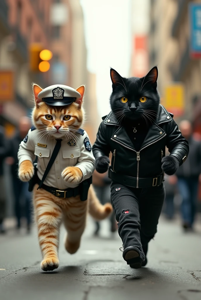 A yellow and gray stylish and decent cat dressed in white police uniform chasing a horrified black cat dressed in black jacket with studs and black tattered jeans in street