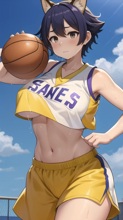 A close-up of a person wearing a basketball uniform, a picture, inspired by Kentaro Miura, trend on pixiv, Kugisaki Nobara, Jujutsu Kaisen, wearing the yellow NBA jersey, yellow nba crop top t-shirt, wearing a low cut crop top, Using croptop, croptop, The word "Lakers" On top, Lightning Dorado, (flicker), Shirobako, big)}], favorite scene, fine details. cheered up. Skins, perspiration, pechos bigs, Dripping sweat, more sweat, croptop/underboob (Realistic and Anime)