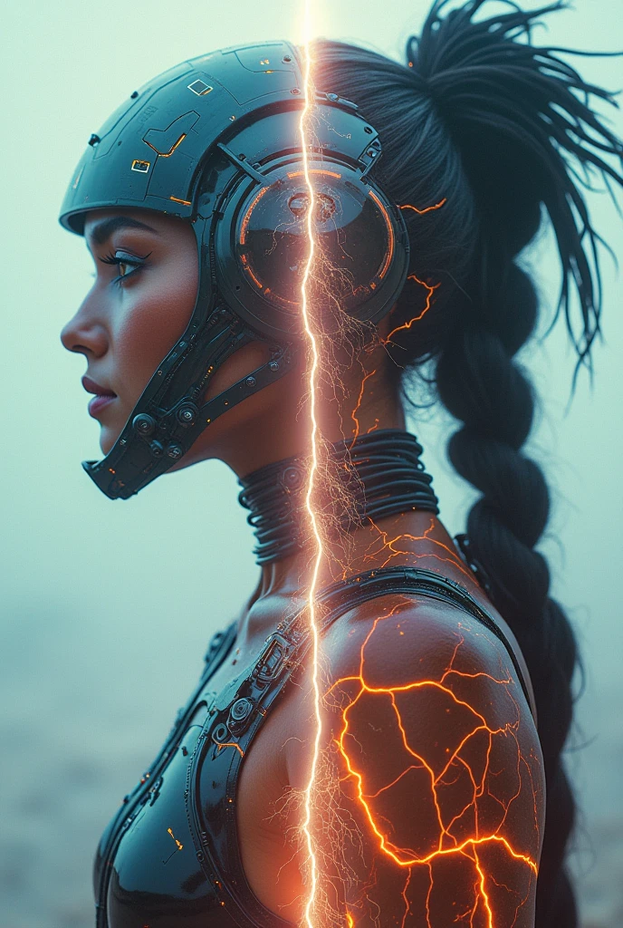 photoillustration of double exposure of split vertically oftwo different tones paradox world, futuristic girl(cyborg helmet body armor suit with obvious cables in neon color), 1primitive girl(animal fur clothes, braided hair){(transparency effect:0.5), symmetrical vertical cut ((vertical half cut:1.5))seamless split, texture and pattern, ((transparency effect:0.5)), iconic scenery stance, (detailed:1.5) dramatic shadows, dramatic lights, interlacing elements, fantasy art, two tones, two basic_tones, very_long horizons, opposite-opponent digital manipulated photo art, hyper-realistic, ultra-detailed, crisp clarity, high-contrast, luminous ambiance, rich textures, intricate patterns, vivid colors, cinematic lighting} photorealistic, a lightning exact in the middle, accurate dimension proportions.