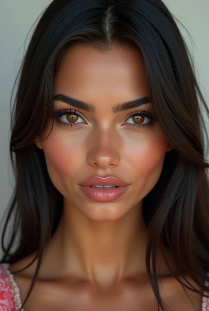 Ultra realistic portrait of a young tanned Algerian woman aged 19, 1.58 metres tall, with straight hair and lots of make-up, who looks naughty
