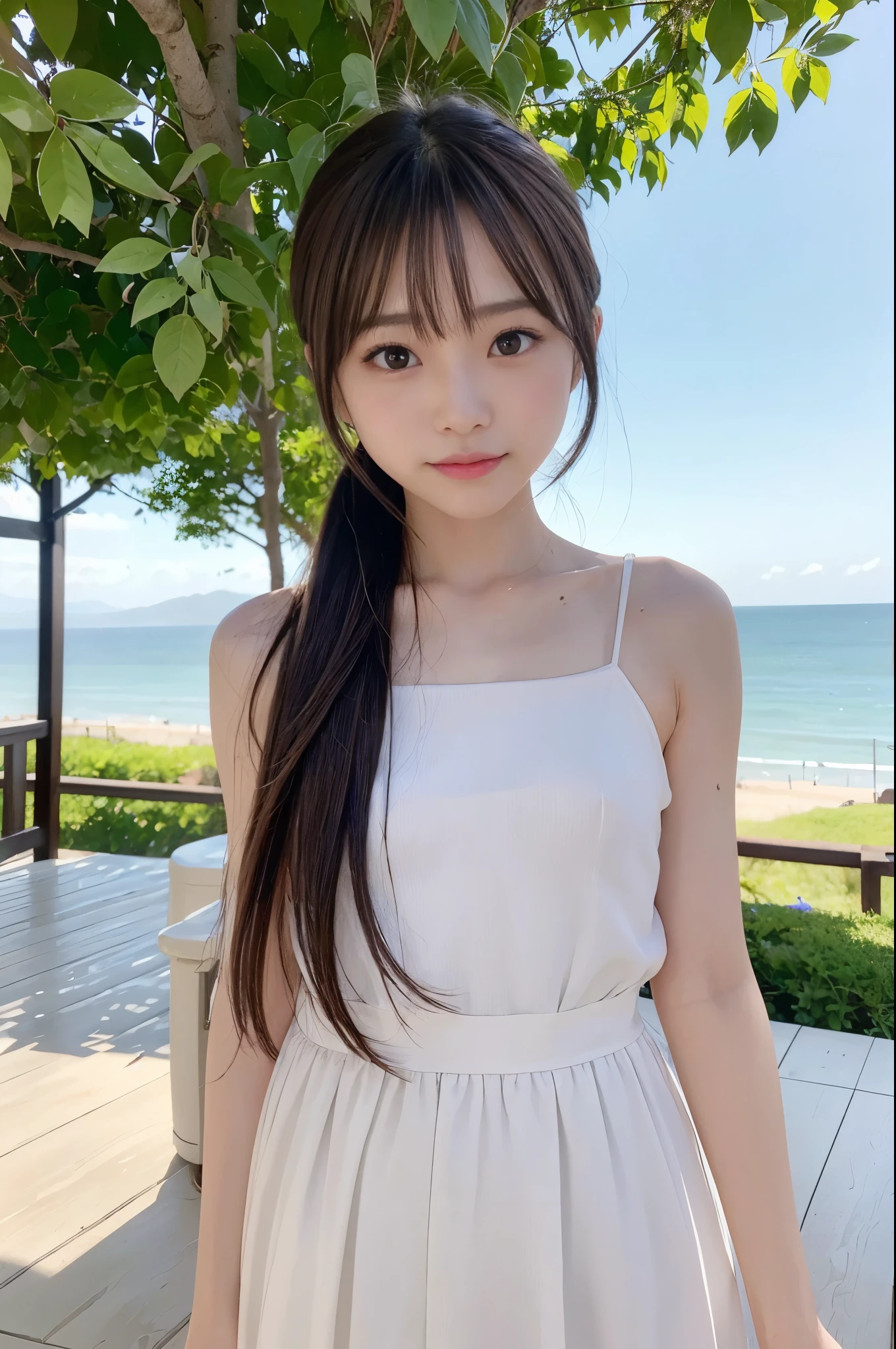 (In 8K、Live Shooting、Highest quality、masterpiece)、(Real、Photorealistic)、1、Japanese、woman、2、(Highly detailed face and skin texture)、Detail lips、(Detailed eyes)、((More Skin:1.7))、(Small Boobs)、(Thin arms)、(Thin legs)、Shiny skin、((Dark Brown Hair))、(Natural light)、(ponytail、bangsは長め)、(bangs)、(At the beach)、A sloppy smile、Shine light from the whole body、