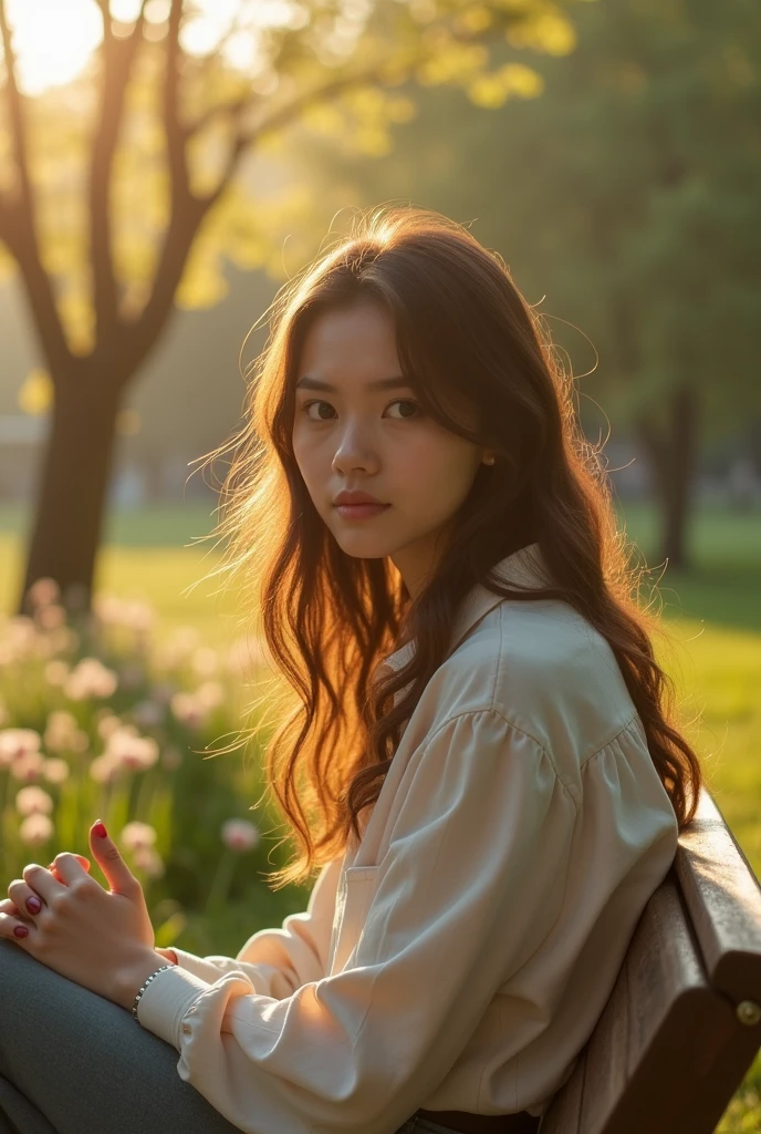 An ultra-realistic photograph captured with a Sony α7 III camera, equipped with an 85mm lens at F 1.2 aperture setting, portraying a young woman sitting on a wooden bench in a sunlit park. The background is beautifully blurred, highlighting the subject. The park is adorned with lush greenery and blooming flowers, creating a serene atmosphere. Soft sunlight gracefully illuminates the subject’s face and hair, casting a dreamlike glow. The image, shot in high resolution and a 16:9 aspect ratio, captures the subject’s natural beauty and personality with stunning realism –ar 16:9 –v 5.2 –style raw