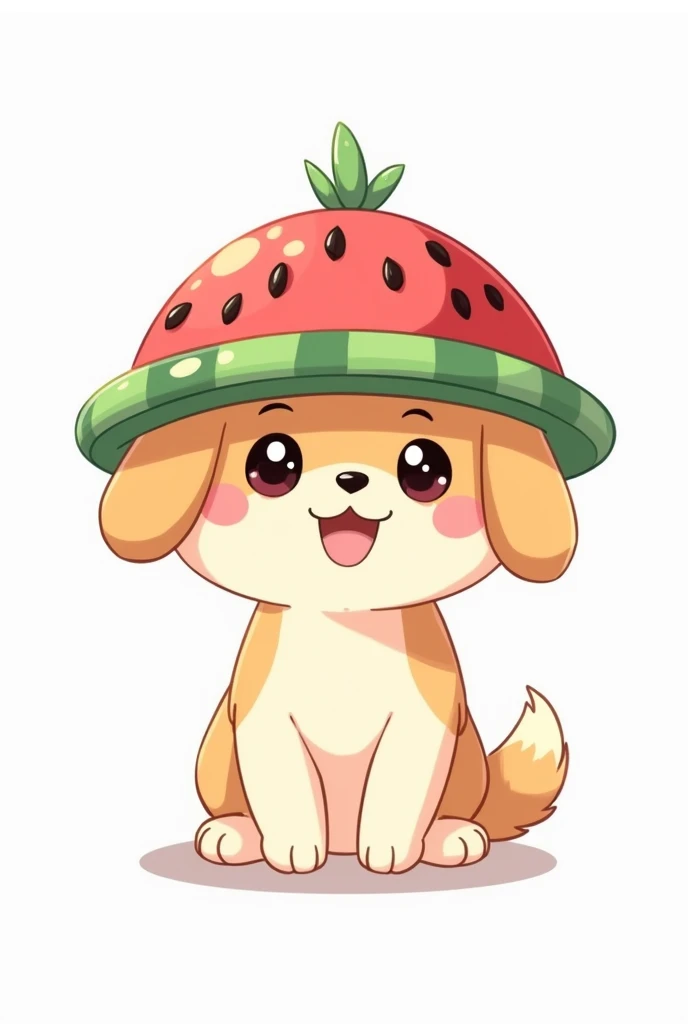 Cute dog in a watermelon hat, a simple doodle drawing on a white background with thick lines in the style of Japanese anime. A cute character design with simple coloring and doodles