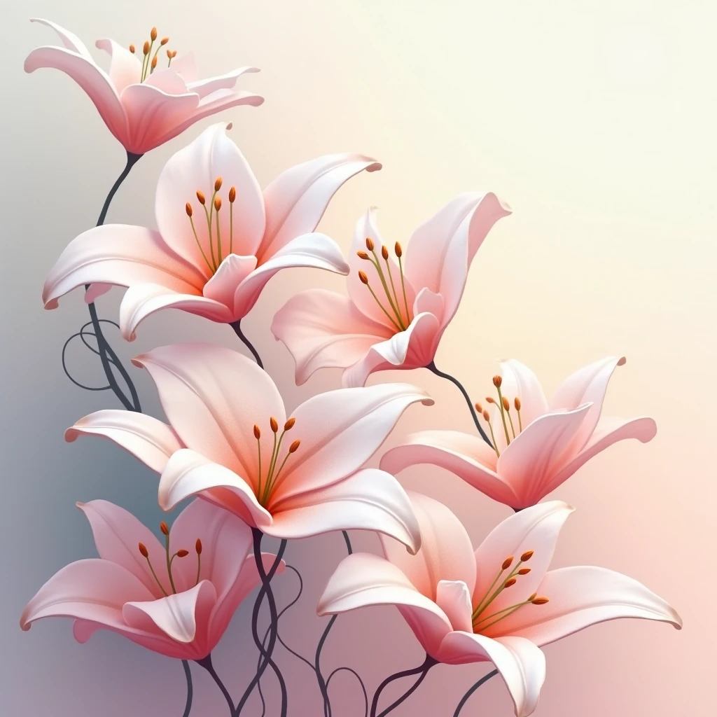 Generate an abstract artwork featuring lilies, focusing on elegant curves and soft pastels.