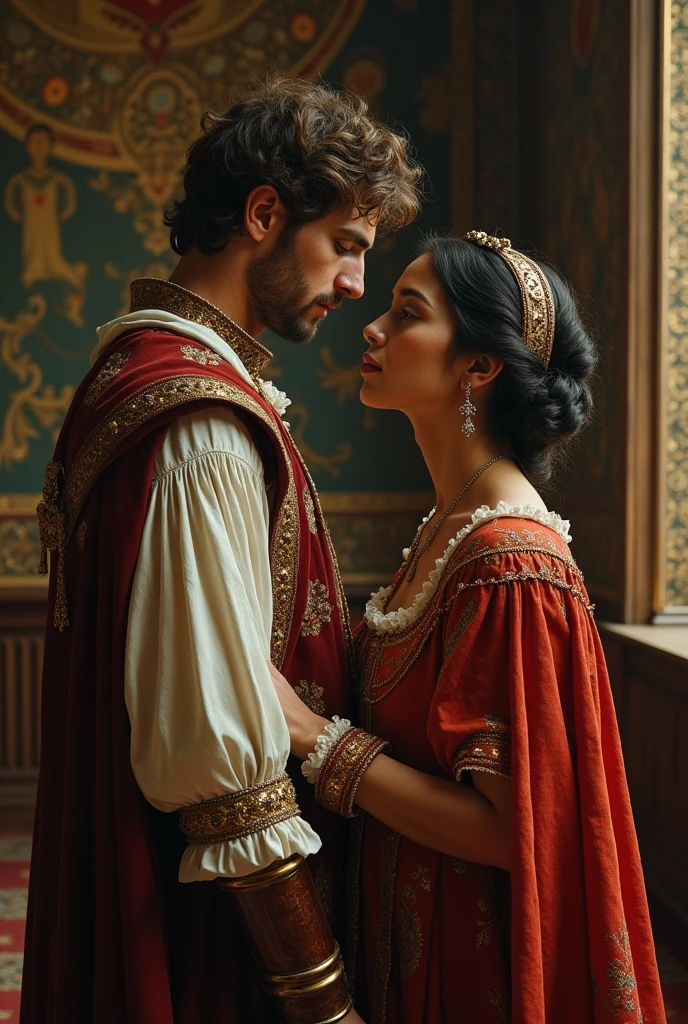 I need you to make me an image from the 1490s about the son of a king and a slave looking at each other with love.