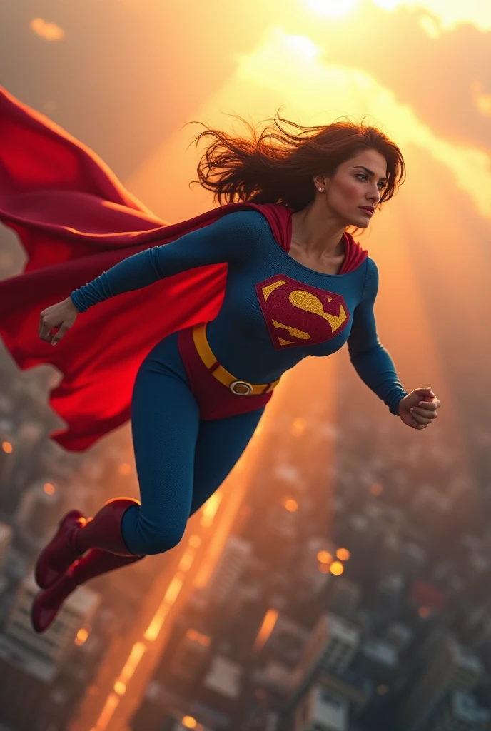 (((very beautiful old Supergirl (((1980s Superman costume))) Julie Hagerty(((dark-haired, large-breasted woman in her 50s)))) Super woman Julie Hagerty; , floating high above the city, sunlight streaming through the clouds, dramatic pose, cinematic lighting, colorful cityscape below, gritty urban environment, intricate details, hyper-realistic, 8k, cinematic, dramatic, grandiose, superhero, flying, cape flowing, muscular, confident, powerful, determined expression, glowing eyes, lens flare, volumetric lighting, cinematic camera angle, dramatic shadows and highlights, photorealistic, vibrant colors, highly detailed, masterpiece