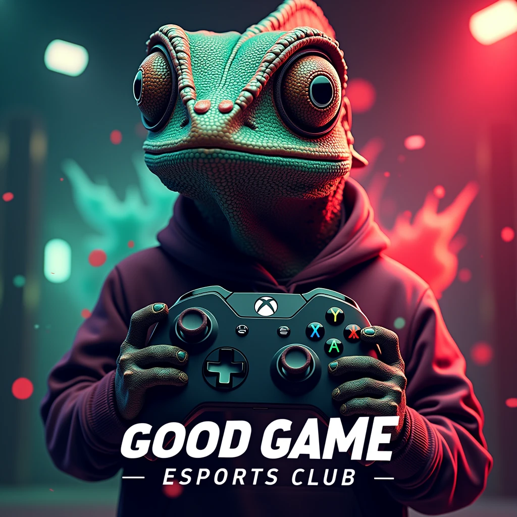 An advert for the GOOD GAME ESPORTS CLUB featuring a chameleon holding an xbox controller. the colours should be black red and green the background should be vibrant and dynamic and text should include "GOOD GAME ESPORTS CLUB" "Ages 10+" "£70" "Limited availablity" "Learn the fundamentals of competitive gaming in just 7-weeks"
