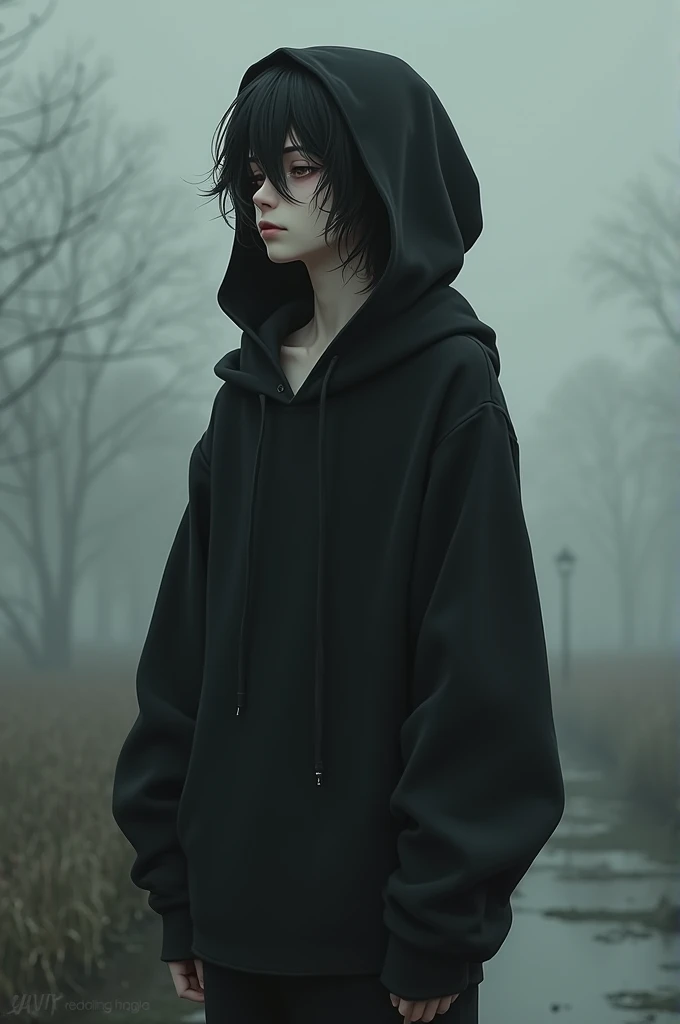 Emo anime boy wearing a black hoodie