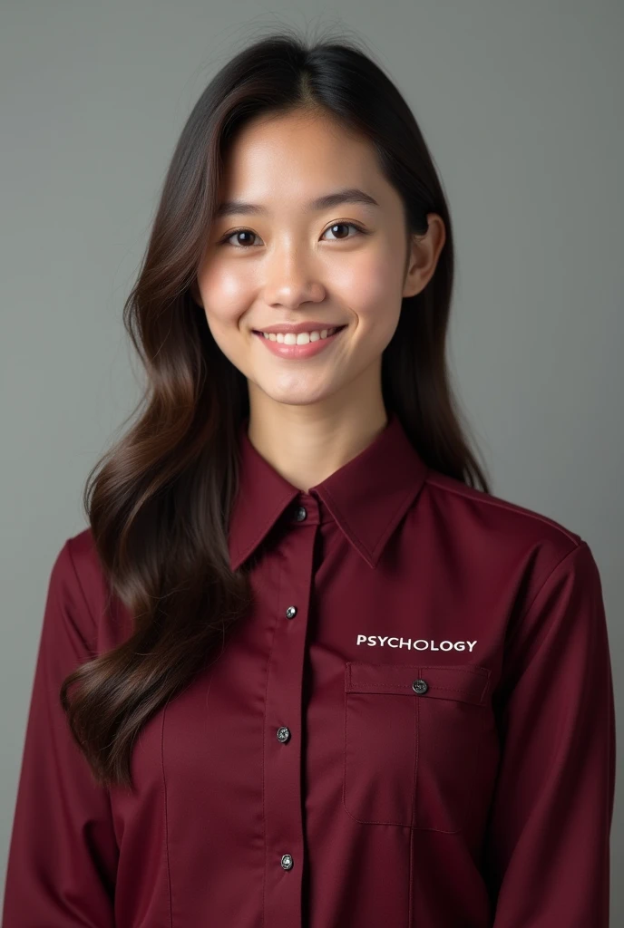 A pretty lady wearing a maroon uniform with 'Psychology' on it for ID picture.

￼

￼



