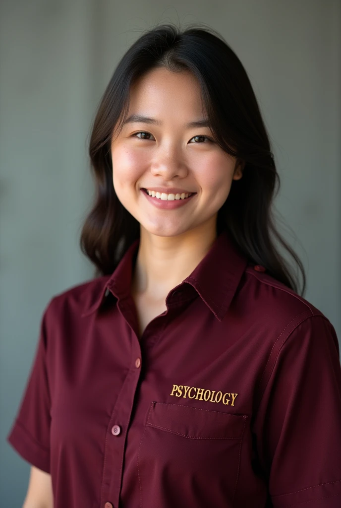 A pretty lady wearing a maroon uniform with 'Psychology' on it for ID picture.

￼

￼


