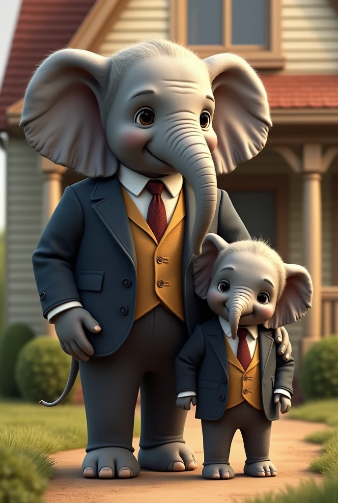 Adult dad elephant and baby gray elephant both in suit house in background