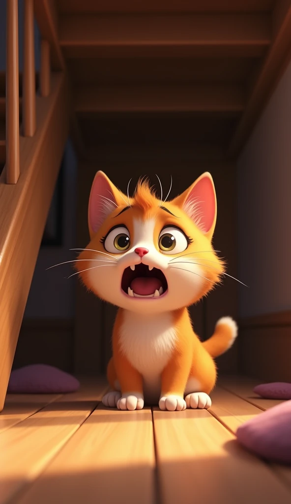 best quality, masterpiece, raw photo, 8k,uhd,cartoon,3d, TSLoP, a cute brown and white cat in disney style cried loudly under the stairs