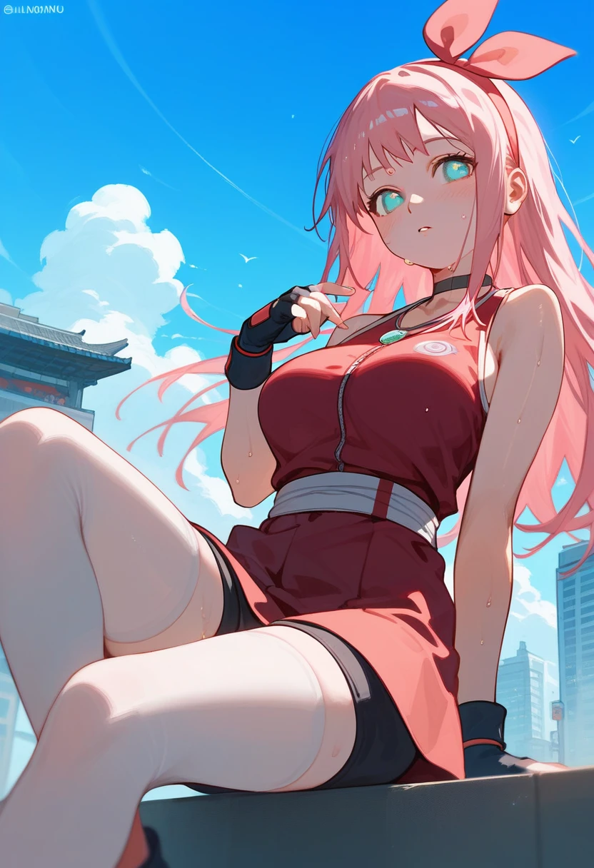 score_9_up,score_8_up, sakura, Naruto, from below, girl, solo , ((sweaty)), pink hair , turquoise eyes, hair band, (blush:1.1), choker, neck pendant, big breast, day, blue sky, city, (leggings shorts), ((neckline)), burgundy top, bare shoulders, (skirt), fingerless gloves, sitting,