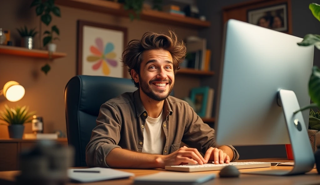 office, house, A man of about 2, sitting at the computer, cheerful smile, hooligan, disheveled hairstyle