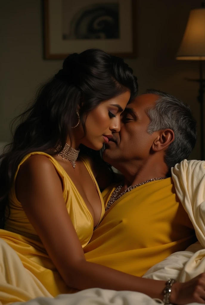 Photo of Indian Mature Aunty with dusky skin, wearing tight yellow kurti with White stole tied around her neck, Large U cut cleavage, Side pose, Lying on bed and kissing a Old man, Dim light in the room, Sensual.