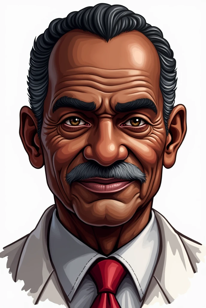Create a detailed illustration of an elderly African man with a serious and wise expression, based on a reference image. He has dark skin, short black hair, and a mustache. His face shows a calm and dignified demeanor, with deep-set eyes and a strong jawline. The illustration should focus on the head and shoulders, and should be clean and professional for use in a medical logo. The background should be simple or transparent, and the colors should align with red, black, and white tones suitable for a neurological clinic's branding