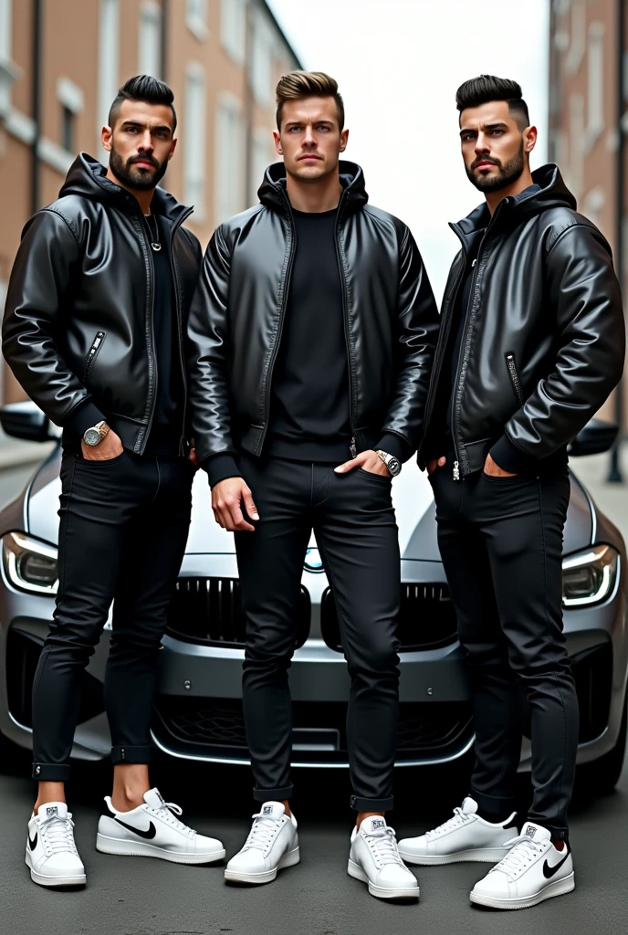 Full size, full body, group of hunks in skinny shiny black rubber shirt with chav haircut and black shiny puffer jacket, cuffed skinny pants, white Nike sneaker, standing beside bmw car