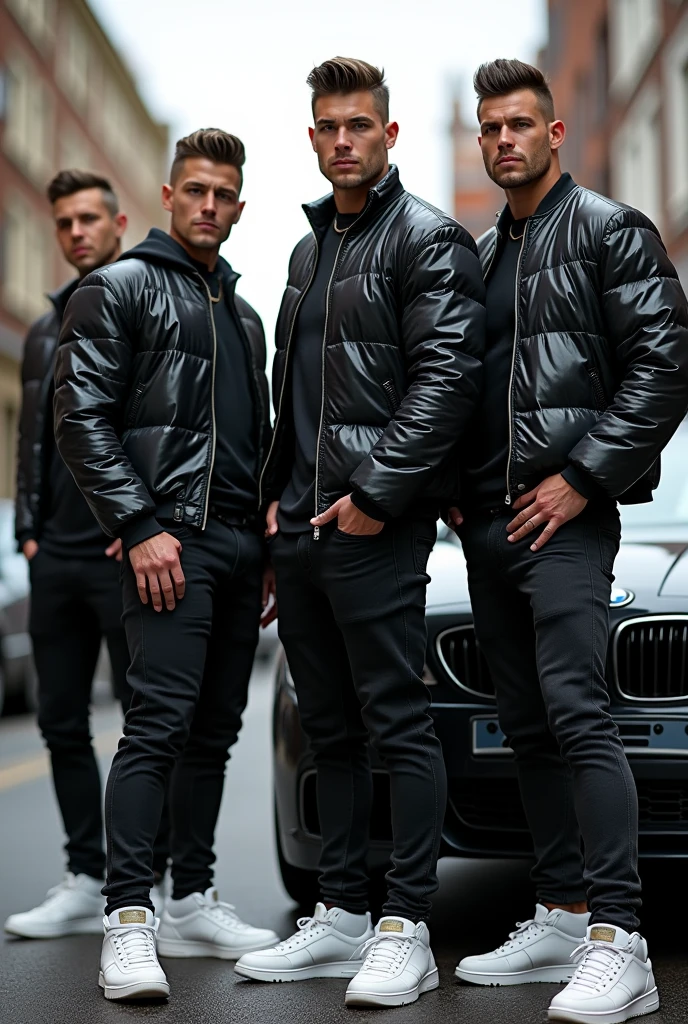 Full size, full body, group of hunks in skinny shiny black rubber shirt with chav haircut and black shiny puffer jacket, cuffed skinny pants, white Nike sneaker, standing beside bmw car
