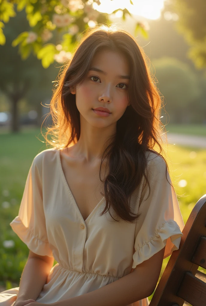 An ultra-realistic photograph captured with a Sony α7 III camera, equipped with an 85mm lens at F 1.2 aperture setting, portraying a young woman sitting on a wooden bench in a sunlit park. The background is beautifully blurred, highlighting the subject. The park is adorned with lush greenery and blooming flowers, creating a serene atmosphere. Soft sunlight gracefully illuminates the subject’s face and hair, casting a dreamlike glow. The image, shot in high resolution and a 16:9 aspect ratio, captures the subject’s natural beauty and personality with stunning realism –ar 16:9 –v 5.2 –style raw